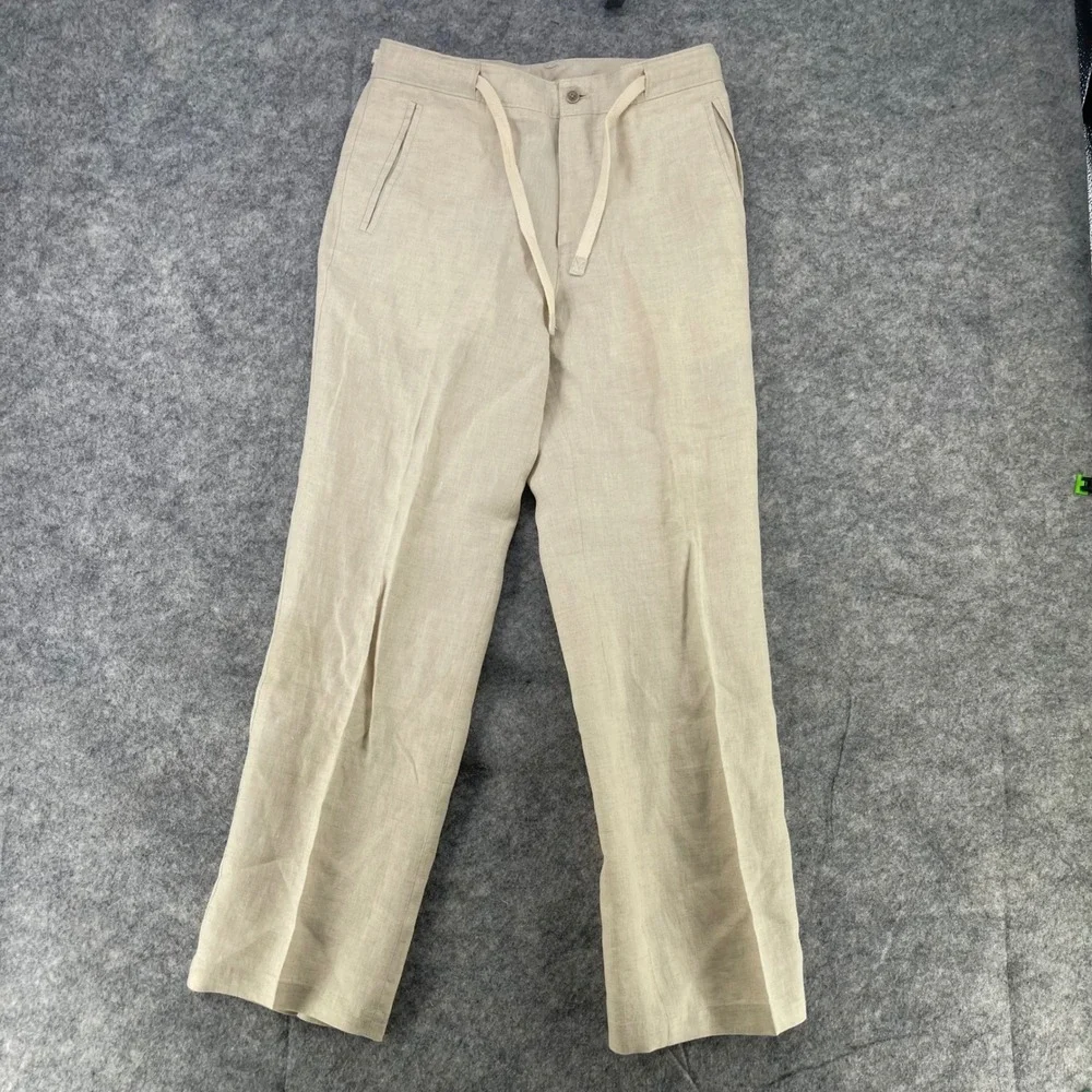 Tasso Elba Pants Men 30x30 Beige 100% Linen Drawstring Straight Leg Trousers